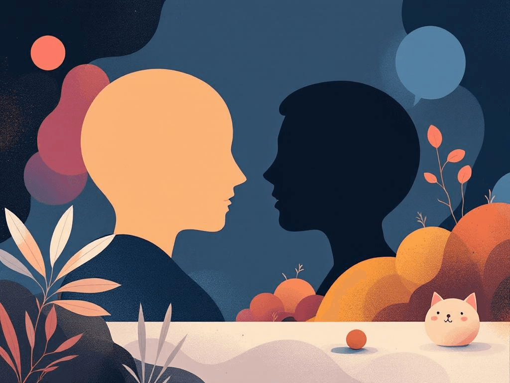 A professional abstract illustration representing the concept of Dialogue as Action - Characters Revealing Through Speech ...