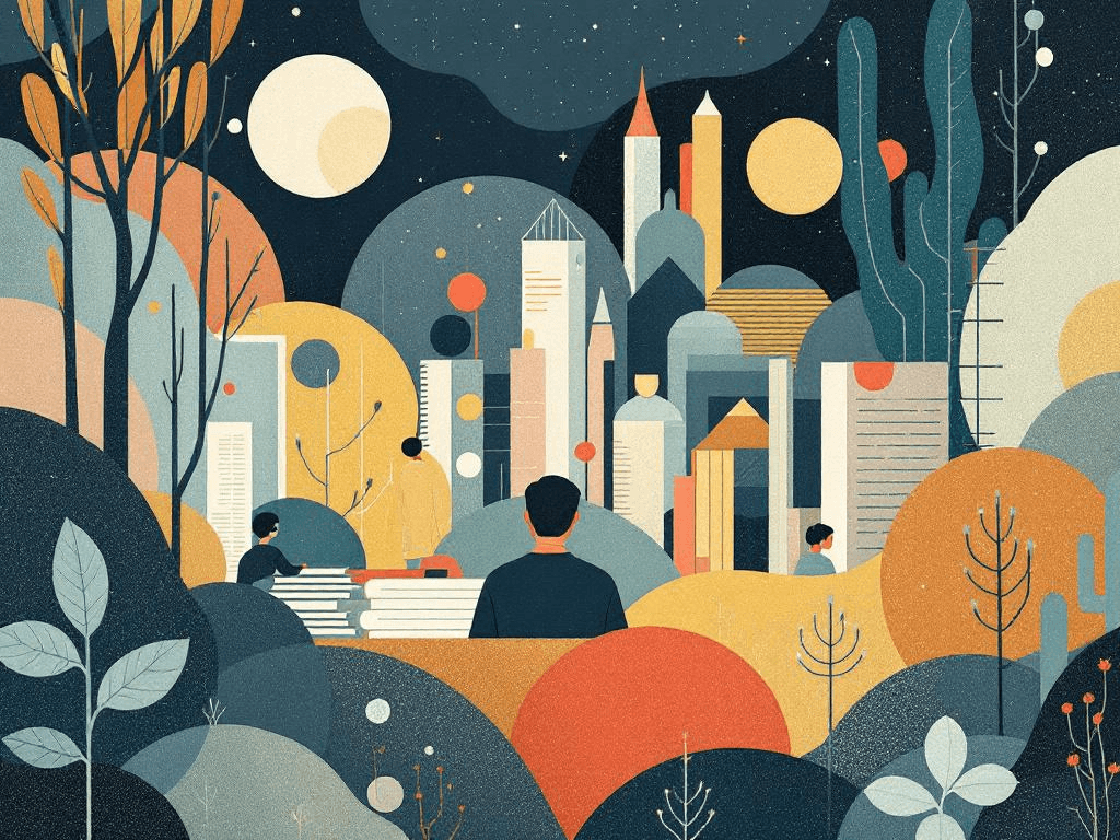 A professional abstract illustration representing the concept of The Architecture of Collections in Short Fiction